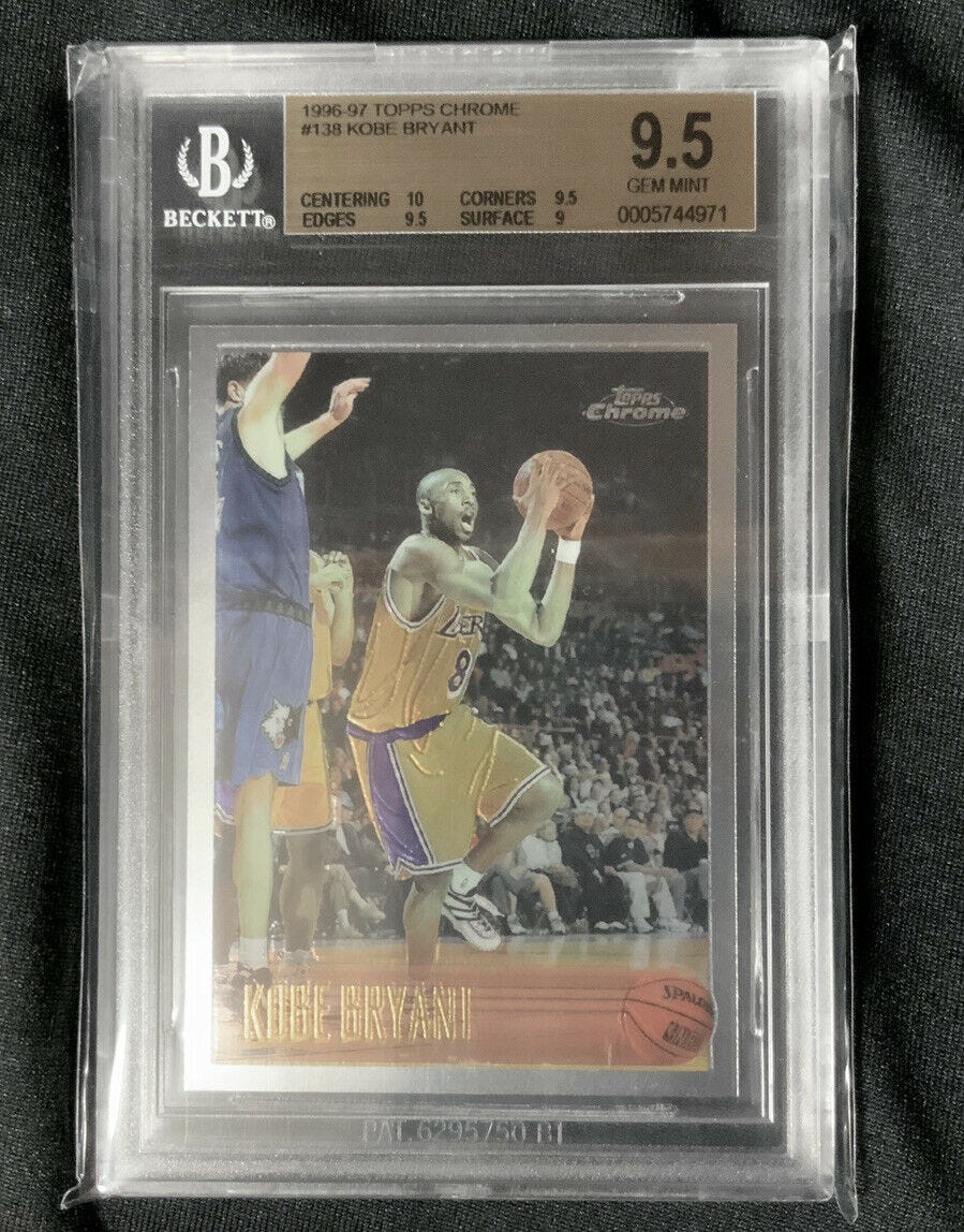 Image 1 - 1996-97-Topps-CHROME-KOBE-BRYANT-ROOKIE-CARD-BGS-9-5-10-Centering-A-Dscrption