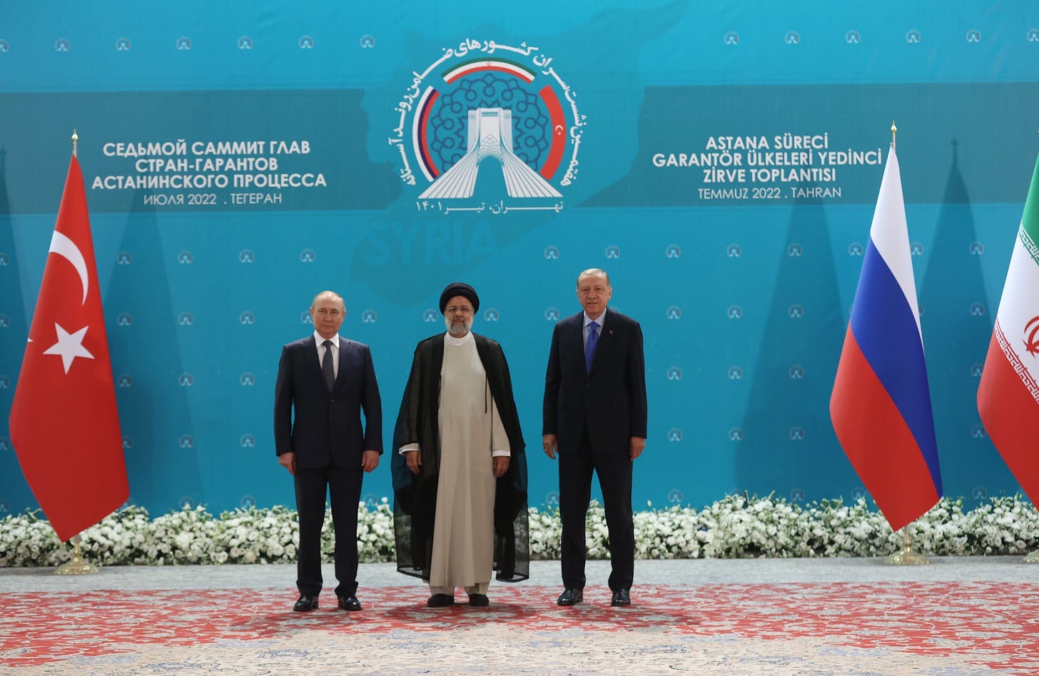 (Left to right) Russian President Putin, Iran’s Raisi and Turkey's Erdoğan in Tehran (Image: Twitter/@trpresidency)