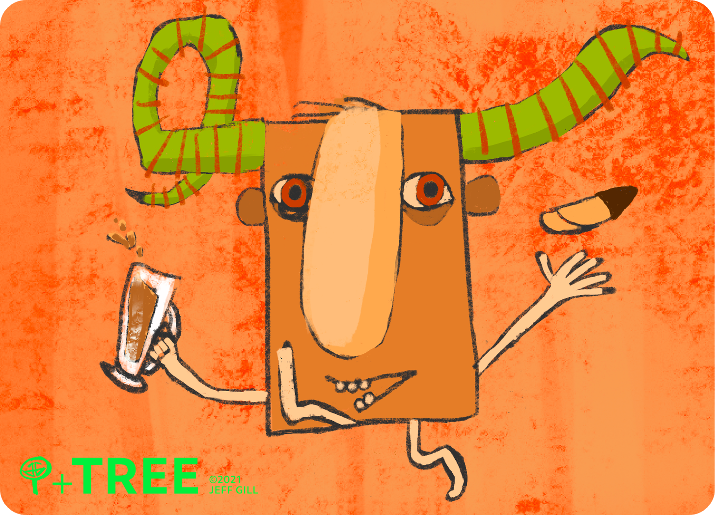 An illustration of a rectangular being, perhaps a man. He is raising a toast with his latte. He is throwing his chocolate-dipped biscotti in the air. He skips with naked legs and unshod feet. He has long green horns with orange stripes.