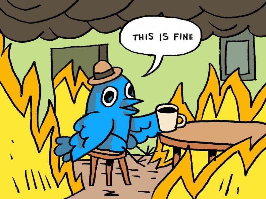 the blue twitter bird sits at a table with a cup of coffee while the room around it is on fire. a speech bubble above it says "this is fine". yes, this is the burning room meme with the "this is fine" dog.