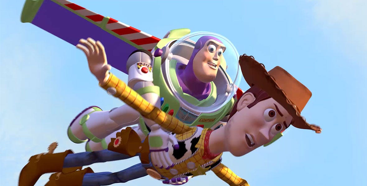 screenshot from Toy Story where Buzz Lightyear is flying through the air while carrying Woody