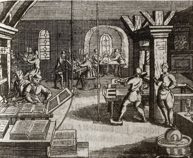 Engraving of the invention of the printing press (moveable type) by Johann Gutenberg, from BILDER SAALS, 1695.