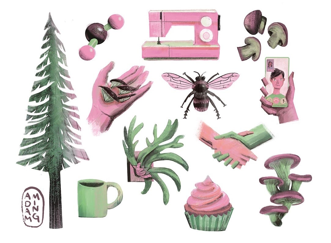 A Fit tree, and atom, a bee, mushrooms, coffee, a sewing machine, cooperation, illustrated by Adam ming