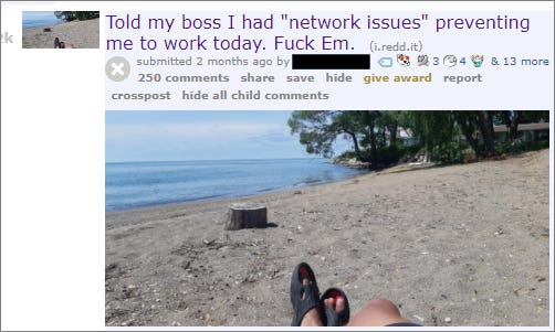 A screen cap of a Reddit post featuring a photo of a man on the beach, boasting that he lied and told his bosses he had network issues