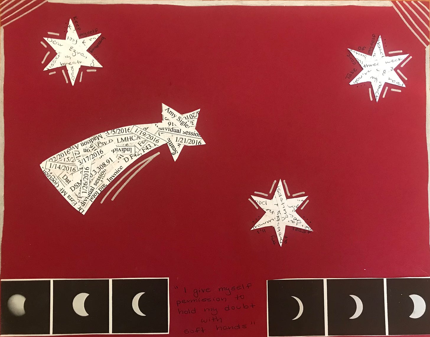 A deep red background. A collage made out of paper with writing on it into star and flying star shapes. There are pictures of moons in different phases at the bottom and small illegible writing.