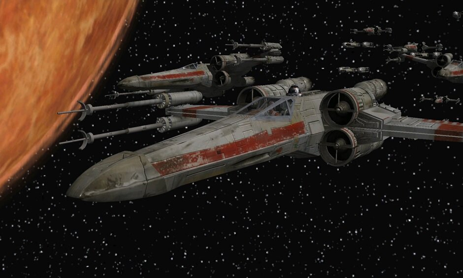 A screenshot of X-Wings approaching the Death Star, recreated in Rogue Leader II