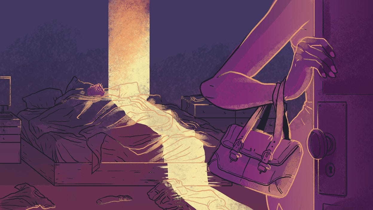 illustration of a woman sneakily exiting a bedroom while someone sleeps