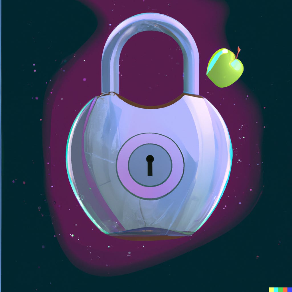 “a futuristic poster of an apple locked by a padlock” / DALL-E
