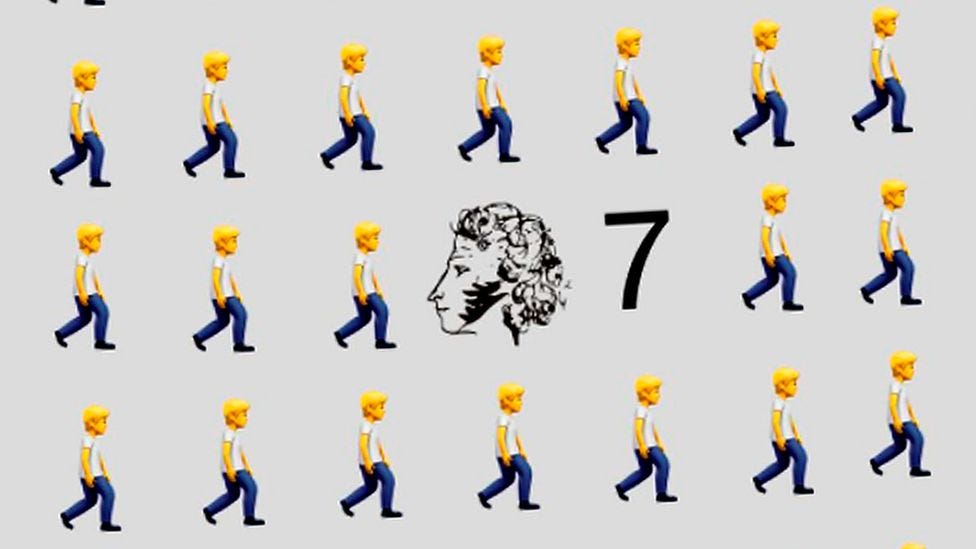 A picture of the Russian poet Pushkin, the number seven and rows of the "person walking" emoji