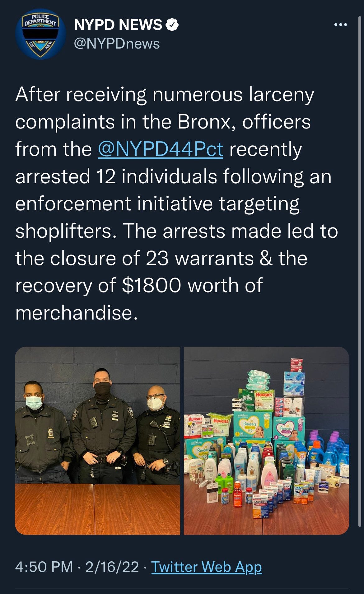 Tweet from NYPD News that shares they arrested 12 people and recovered items. The picture of recovered items includes diapers, detergent, wipes, and other similar goods.