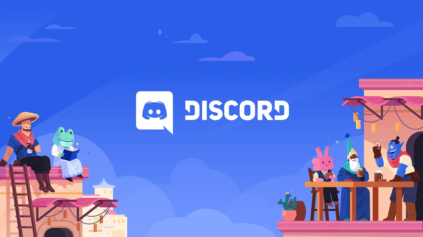 Discord logo against a blue background with characters either side