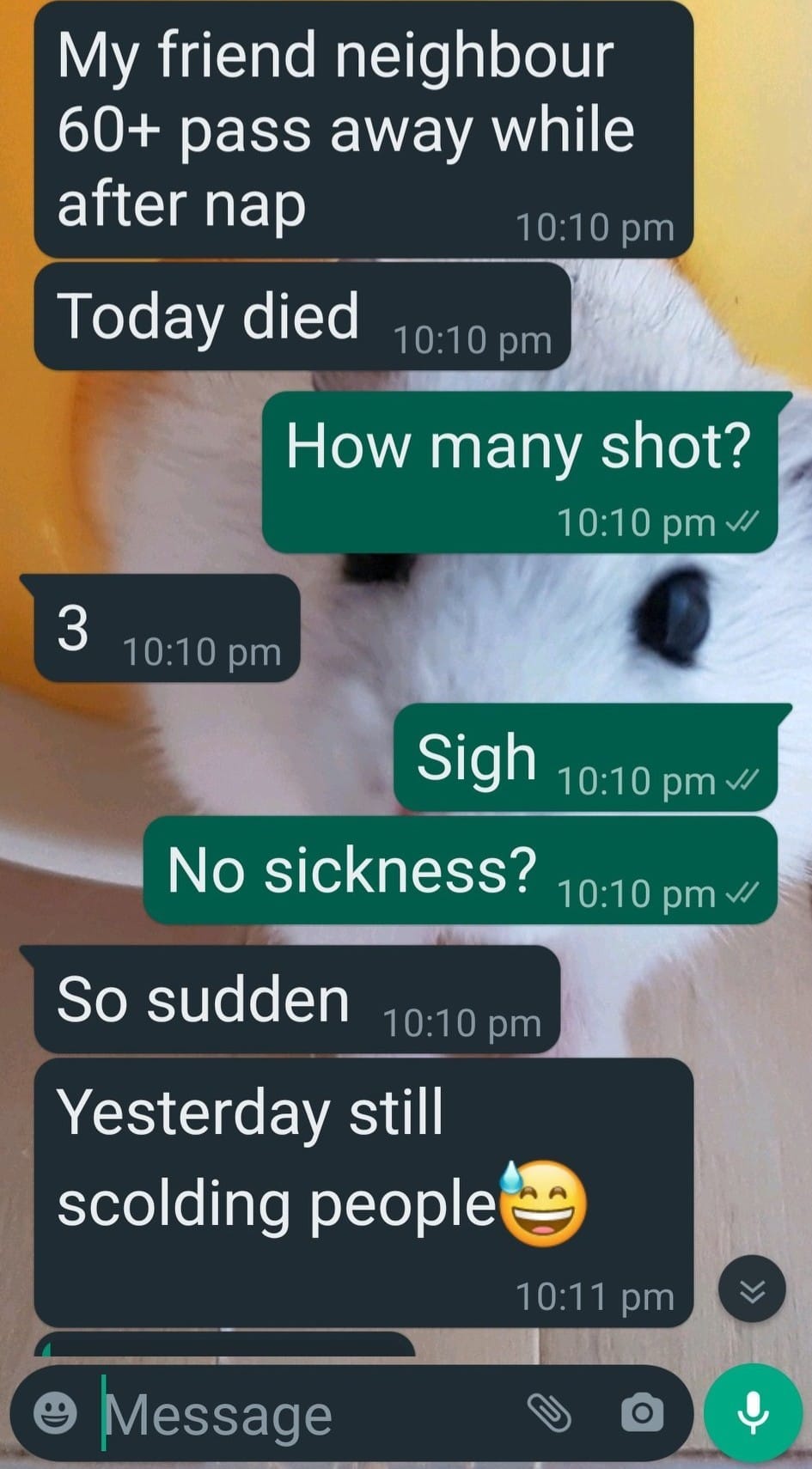 May be an image of text that says "My friend neighbour 60+ pass away while after nap 10:10 pm Today died 10:10pm How many shot? 10:10 pm 3 10:10 10:10pm pm Sigh 10:10 pm No sickness? 10:10 pm So sudden 10:10 pm Yesterday still scolding people 10:11 10:11pm pm Message"