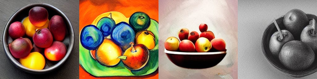 Four different images of a bowl of fruit in different artistic styles