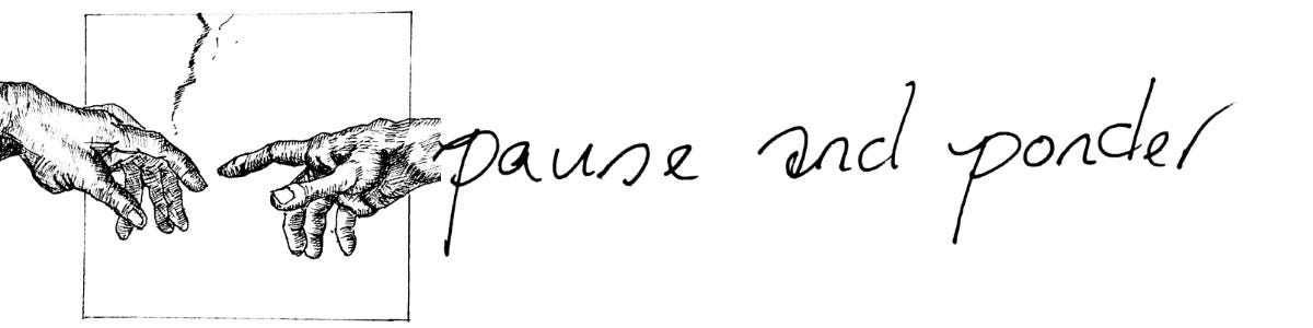 Image: text divider. Handwritten word “ pause and ponder” and a black & white line drawing of two hands of supposedly God and Adam, with one finger from each hand reaching out to each other. This drawing is my rendition, mimicking the popular artwork of Michelangelo’s The Creation of Adam.