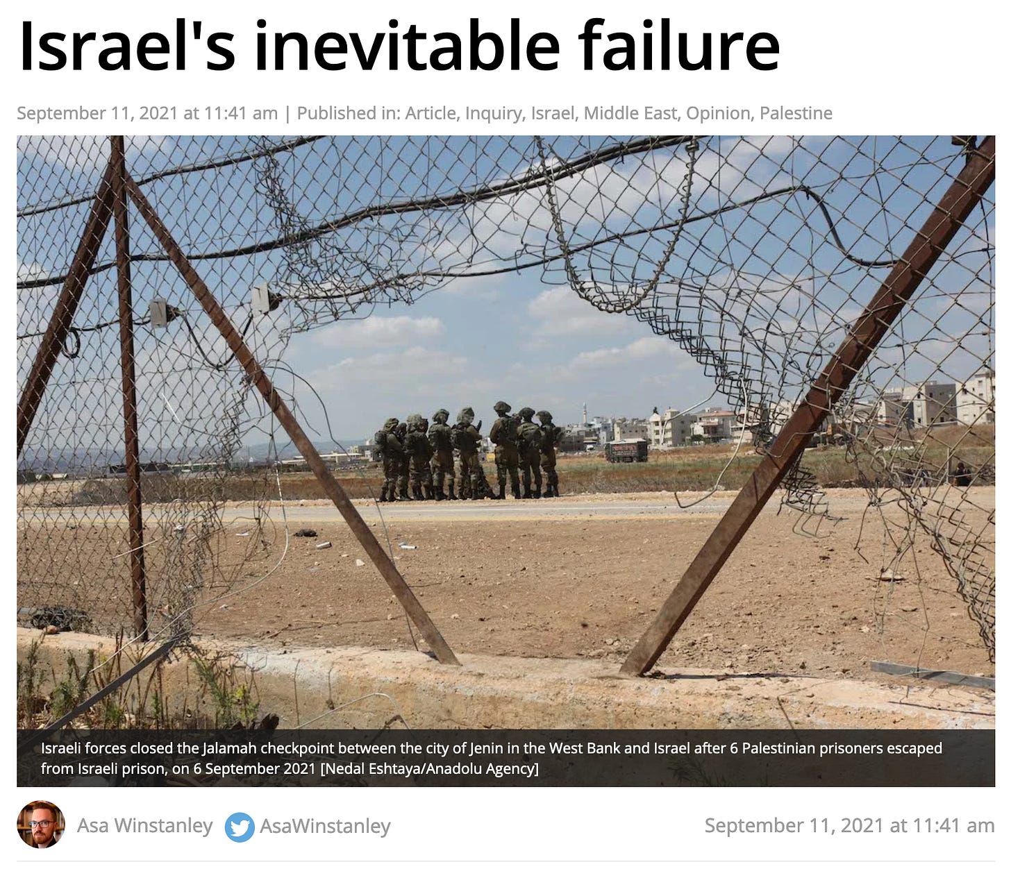 Screenshot of headline to an article reads: "Israel's inevitable failure"