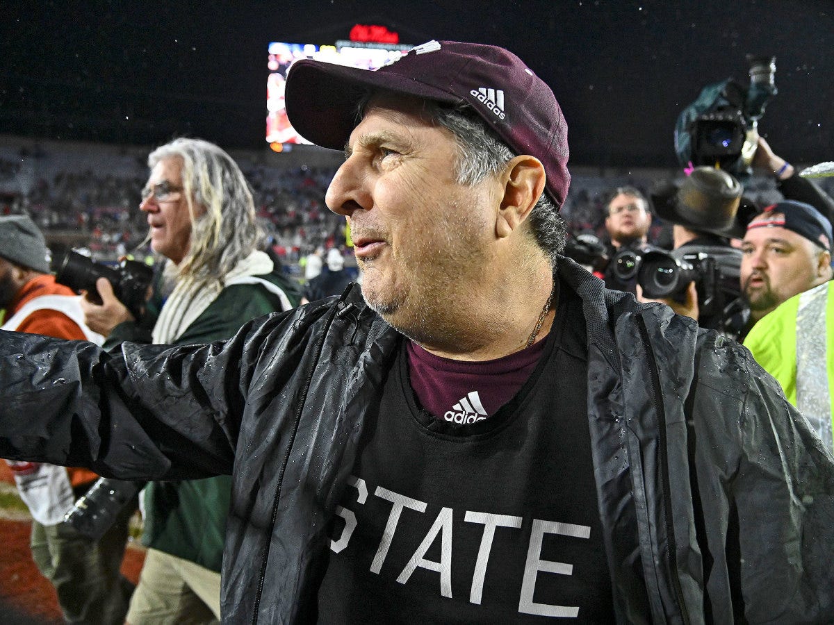 Mike Leach smiles after the 2022 Egg Bowl