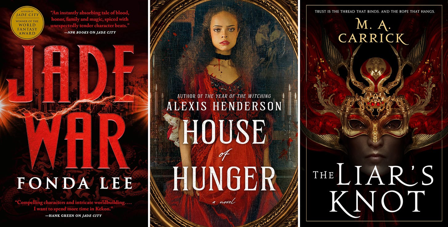 A collage of three book covers including Jade War by Fonda Lee, House of Hunter by Alexis Henderson, and The Liar's Knot by M.A. Carrick.