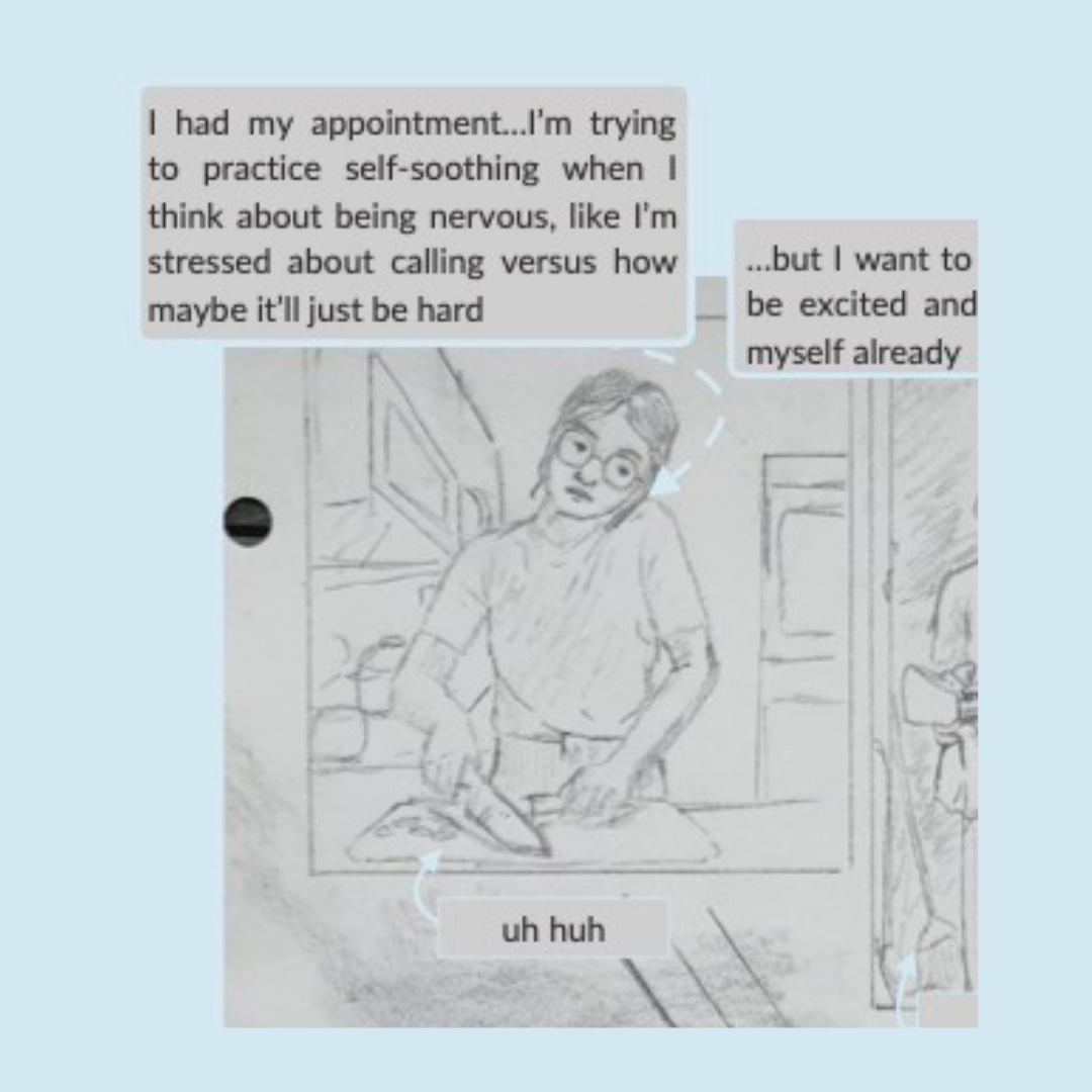 Blue background with scans of a pencil drawing. It shows Mackenzie, a young Asian woman wearing glasses with hair pulled back cutting vegetables at the kitchen counter. She is on the phone, with her shoulder squeezing the phone to her ear. Text bubbles surround it, which the captions below contain. The text is the phone conversation. 