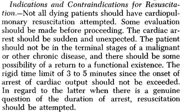 Indications and Contraindications for Resuscita¬ tion.—Not all dying patients should have cardiopul- monary resuscitation attempted. Some evaluation should be made before proceeding. The cardiac ar¬ rest should be sudden and unexpected. The patient should not be in the terminal stages of a malignant or other chronic disease, and there should be some possibility of a return to a functional existence. The rigid time limit of 3 to 5 minutes since the onset of arrest of cardiac output should not be exceeded. Inregardtothelatterwhenthereisagenuine question of the duration of arrest, resuscitation should be attempted.