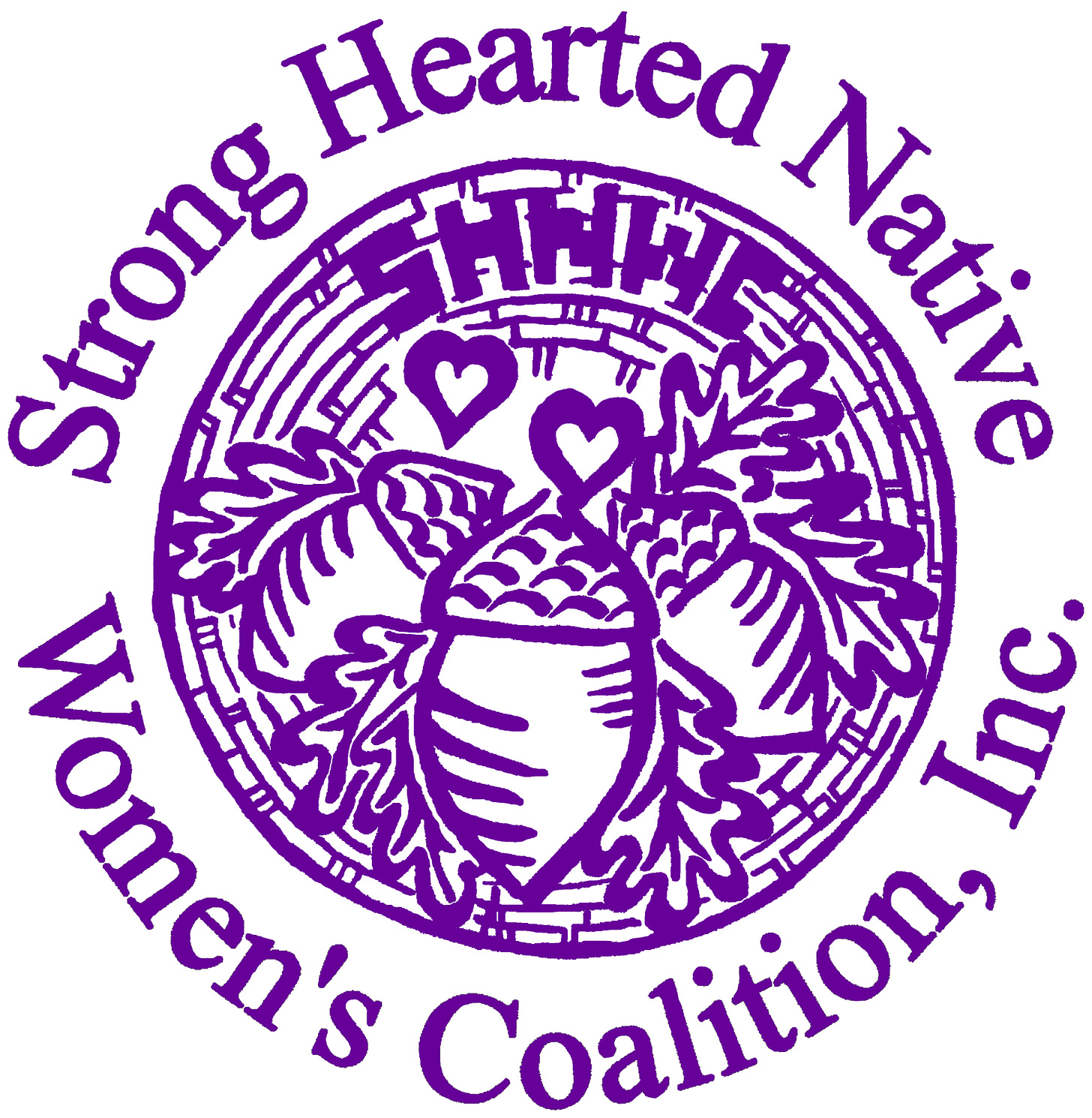 Logo for the Strong Hearted Native Women's Coalition, a line drawing in purple of a woven basket as viewed from the top with a cluster of acorns on top and the words circling around the basket