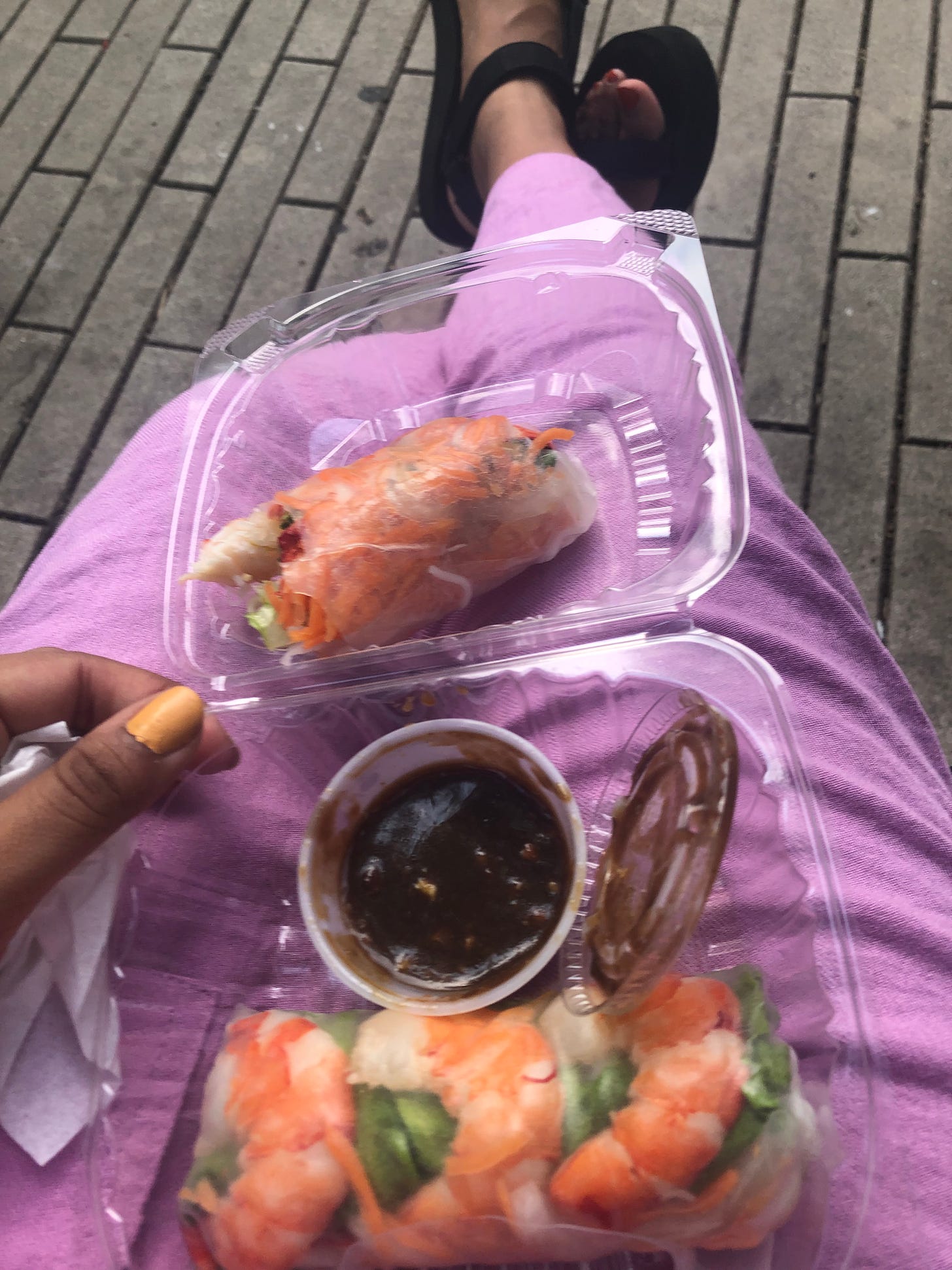 shrimp summer rolls and purple pants