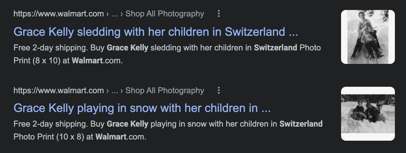 Screengrab of two Walmart listings to purchase Grace Kelly family photos