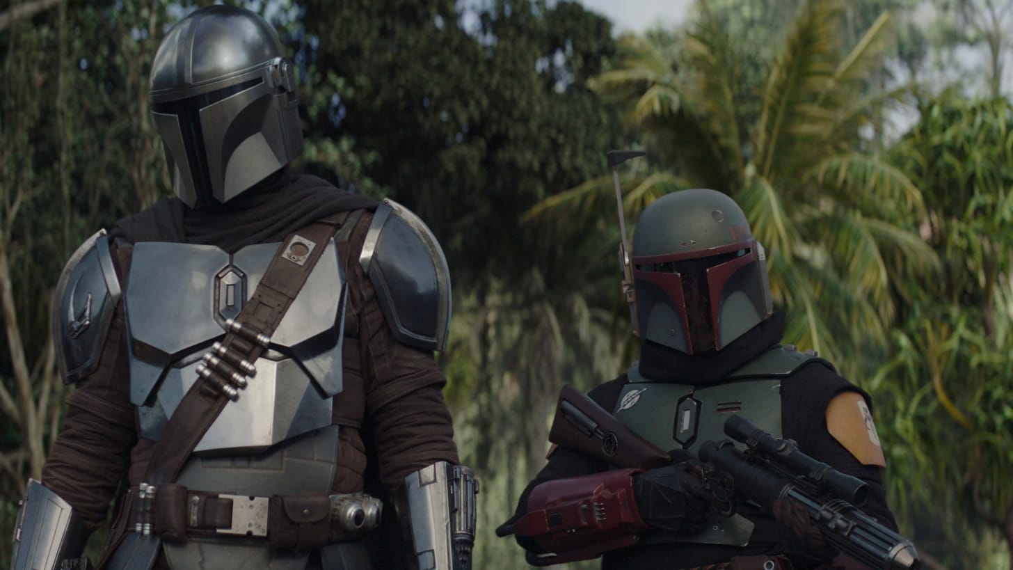 (L-R): The Mandalorian (Pedro Pascal) and Boba Fett (Temuera Morrison) in Lucasfilm's THE MANDALORIAN, season two, exclusively on Disney+. © 2020 Lucasfilm Ltd. & ™. All Rights Reserved.