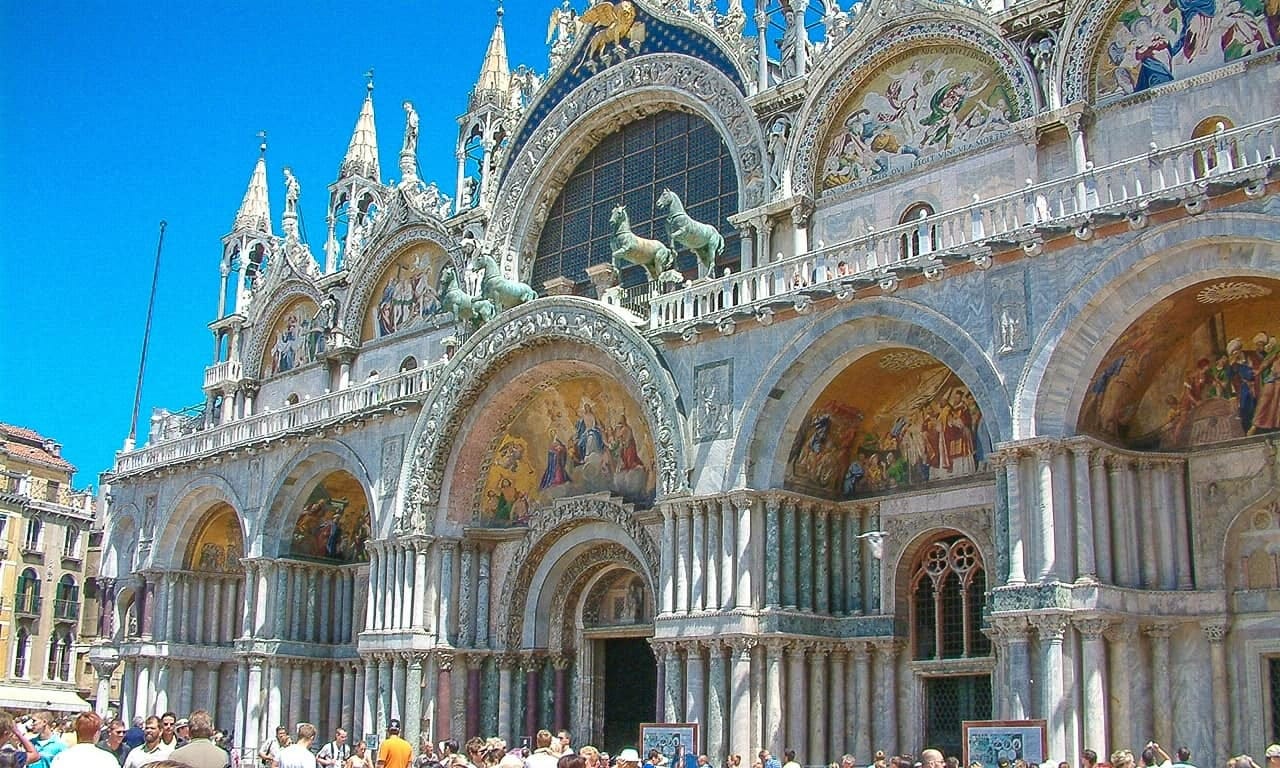The front façade of St Mark's Basilica in Venice.