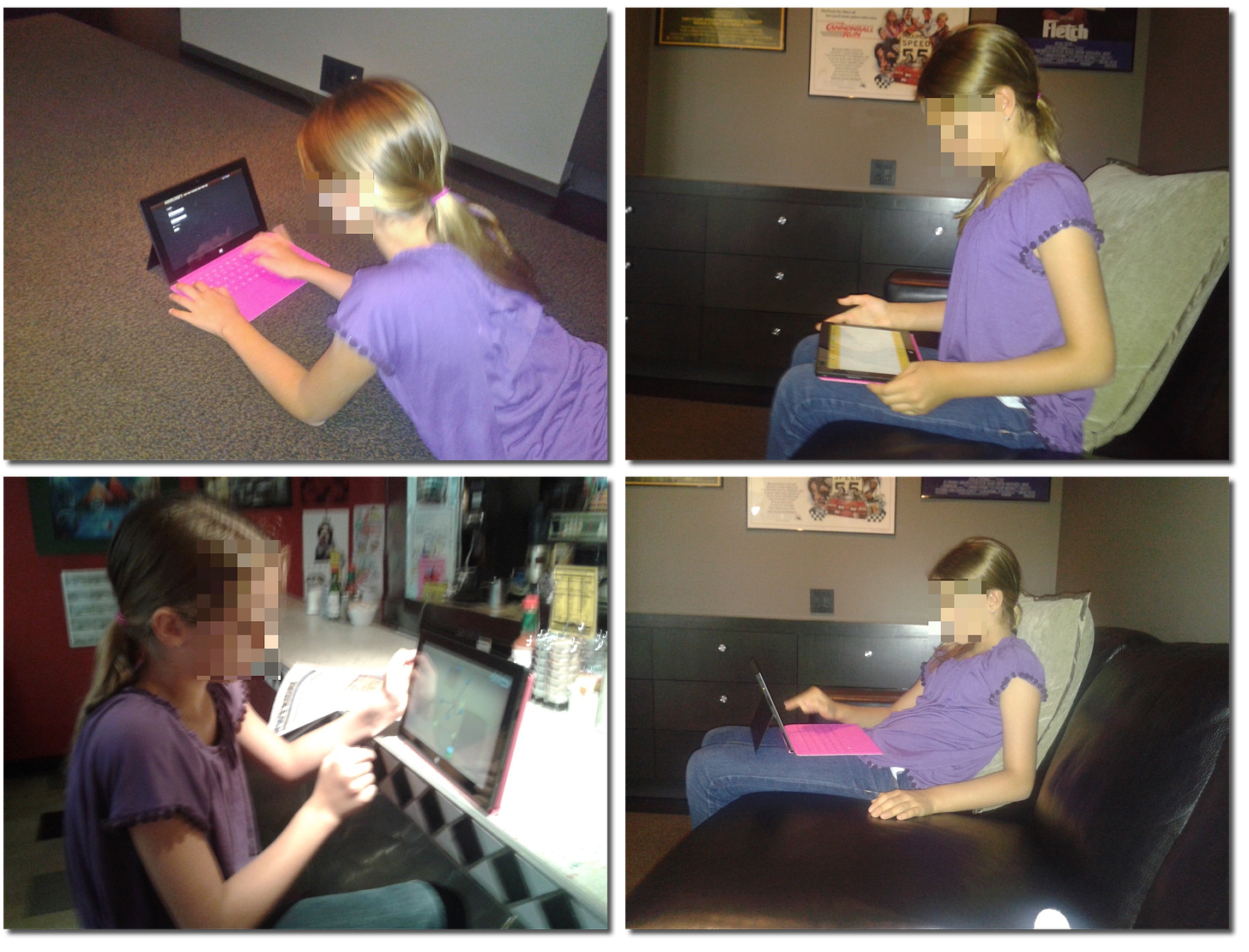 four photos of a young woman using a tablet computer in various positions on the floor, couch, and a counter top