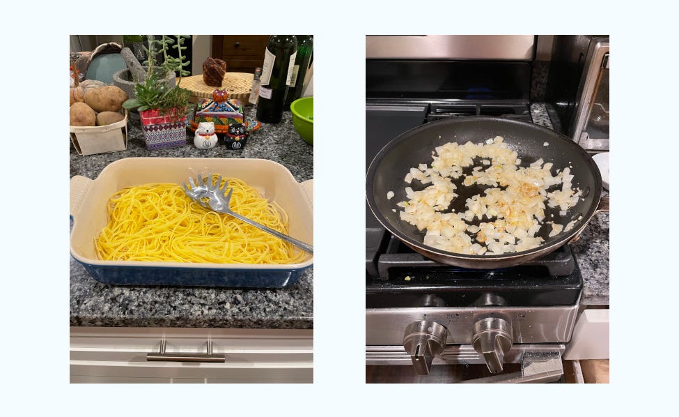 a picture of a blue baking dish filled with fettucine on the left, a skillet full of browned onions on the right