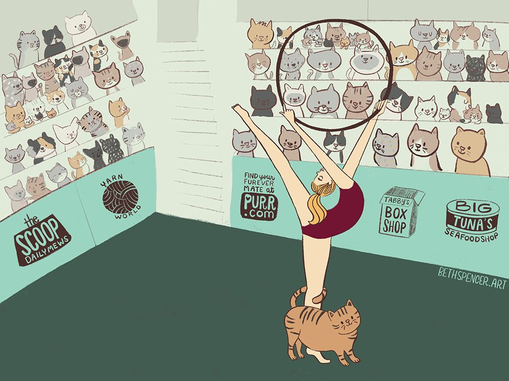 An illustration of a gymnast performing for an audience of cats 