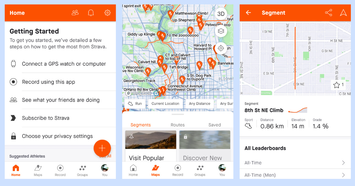 Three screenshots of the Strava app. A Getting Started screen, a map of runs in Northwest Washington, DC, and a segment called “8th St NE Climb”