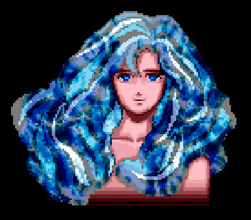 A gif of Gaia, blue hair shimmering.