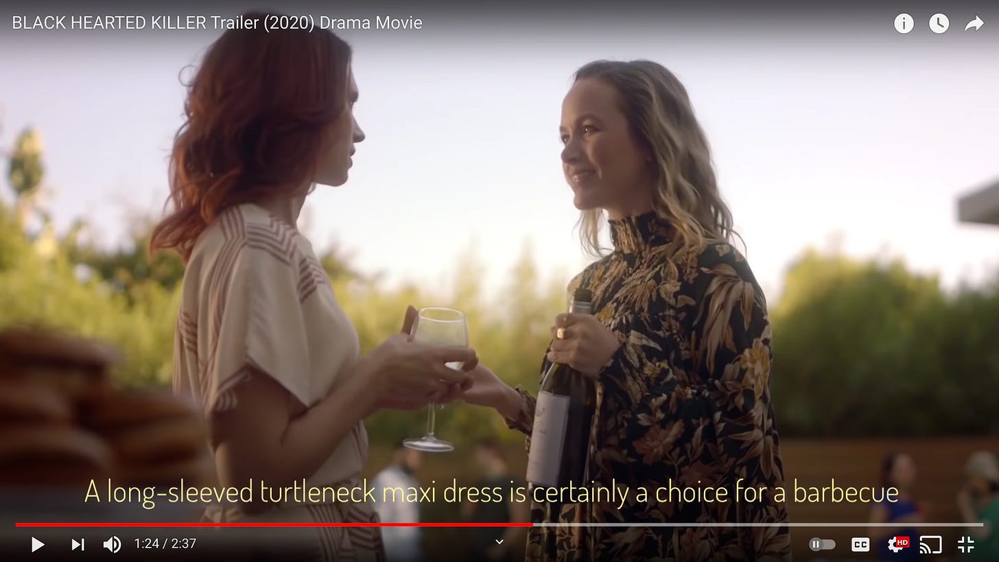 Juley, holding a wine glass, talking to Vera, holding a bottle of wine and wearing a turtlenecked long-sleeved maxi dress with a botanical pattern, which is a choice