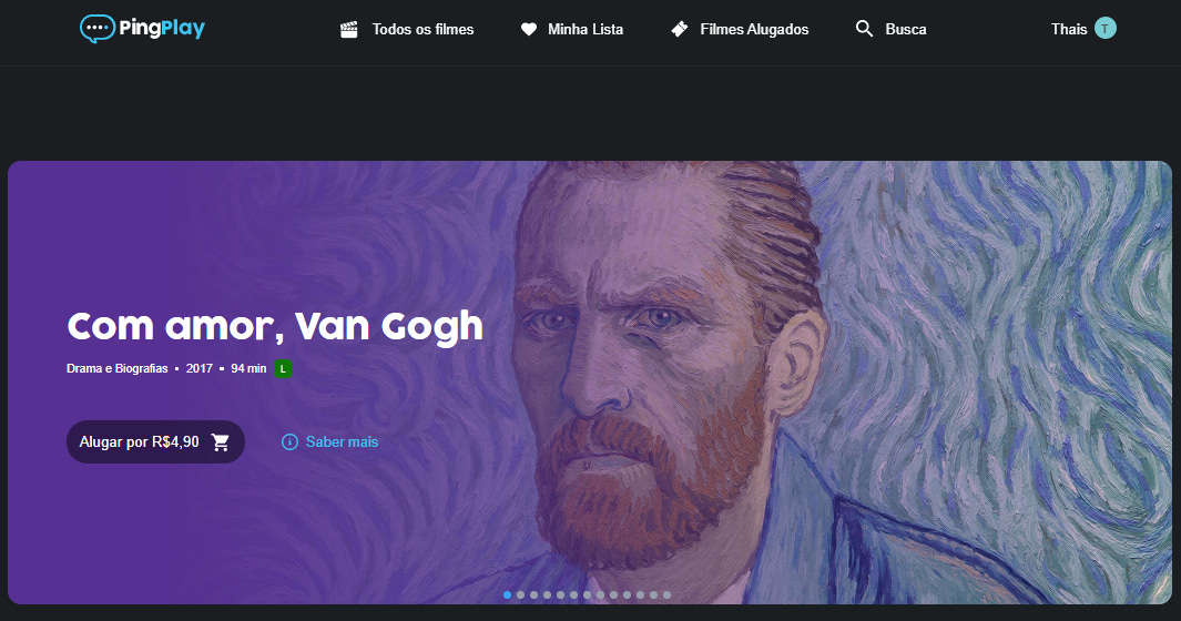 Print da tela principal da PingPlay com um banner que mostra o filme Com Amor, Van Gogh. Aluguel por R$4,90