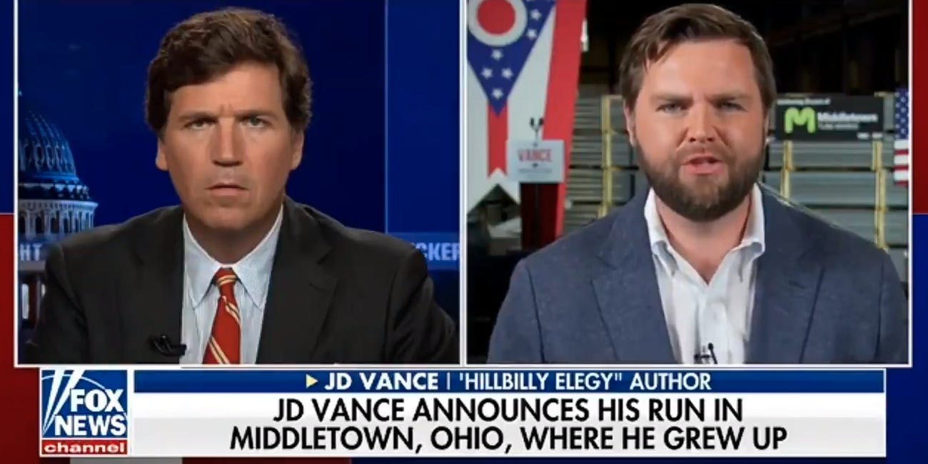 Screenshot of Fox News Host Tucker Carlson and JD Vance, author of "Hillbilly Elegy." Chyron text: "JD Vance Announces His Run in Middletown, Ohio, Where He Grew Up"