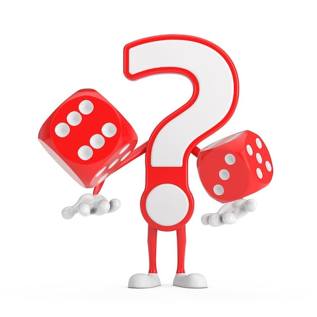 Question mark sign cartoon character person mascot with red game dice cubes in flight 3d rendering