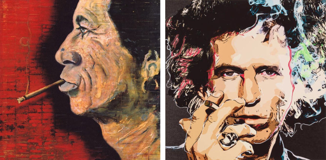 On the left, a rudimentary painting of a man in profile against a dark red background. The man is smoking a cigarette and the technique is rough. On the right is a slick digitally painted portrait of Keith Richards, head on, that uses a completely different technique and looks as though it was created by a different artist.