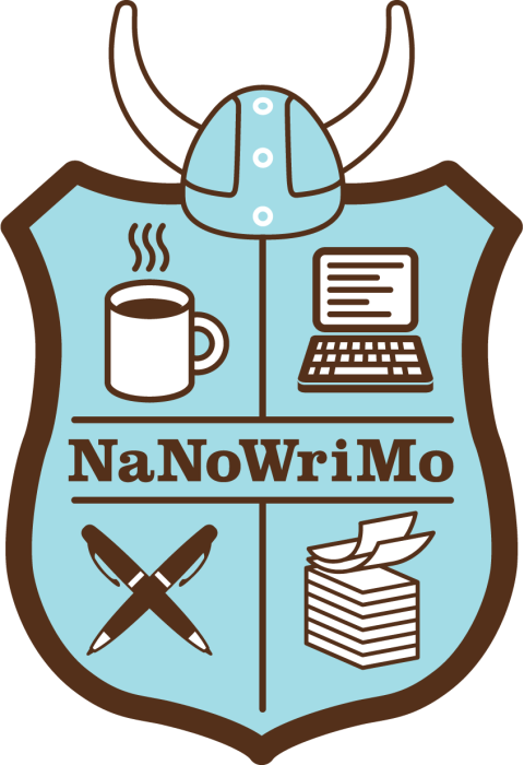 NaNoWriMo shield logo with viking helmet and four quadrants with a mug of hot beverage, a lap top, a stack of paper and two pens arranged in an 'x'