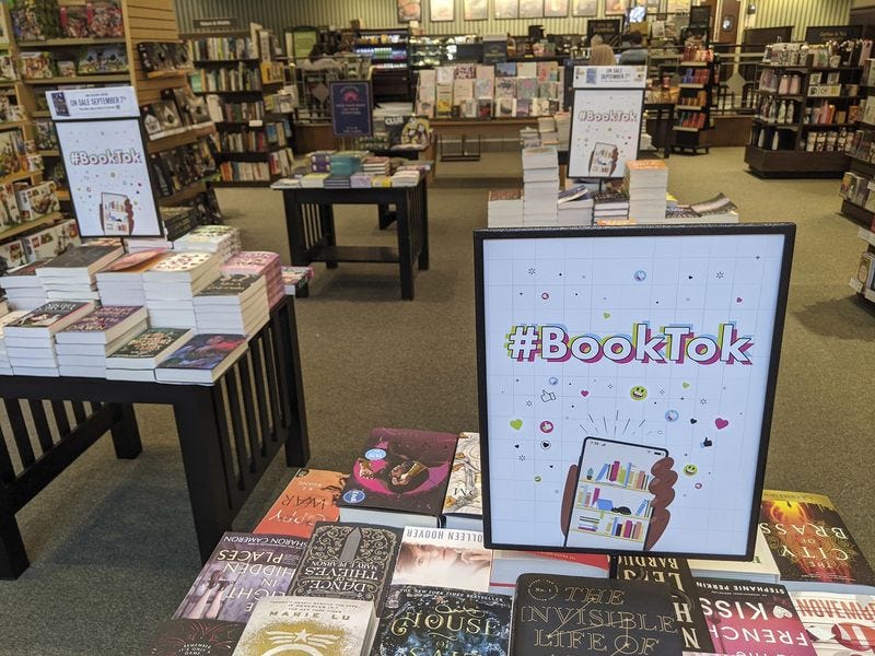 A table displays signs with #BookTok, at a Barnes & Noble in Scottsdale, Arizona.