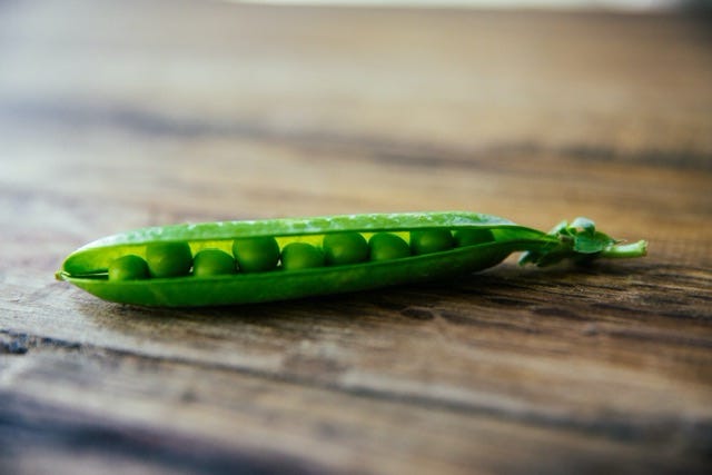 A pea pod with 9 peas open on a wooden table