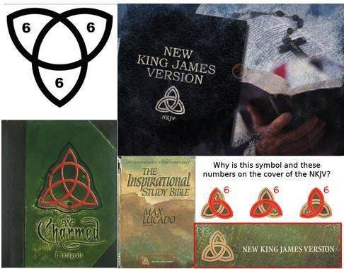 May be an image of text that says "6 6 NEW KING VERSION VERJAMES JAMES ക Why is this symbol and these Inspiratonal THE numbers on the cover of the NKJV? STUDY BIBLE LUCADO Charmed NEW KING JAMES VERSION"