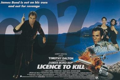 In the left of the picture stands a man dressed in black pointing a pistol upwards. An inset picture shows two women looking out of the poster above another man and a few images depicting vehicles and explosions. The name '007' appears in the top right whilst in the centre at the bottom are the words "LICENCE TO KILL"