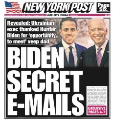 New York Post cover for Wednesday, October 14, 2020. Front page. Biden Secret E-mails. Revealed: Ukrainian exec thanked Hunter Biden for 'opportunity to meet' veep dad.