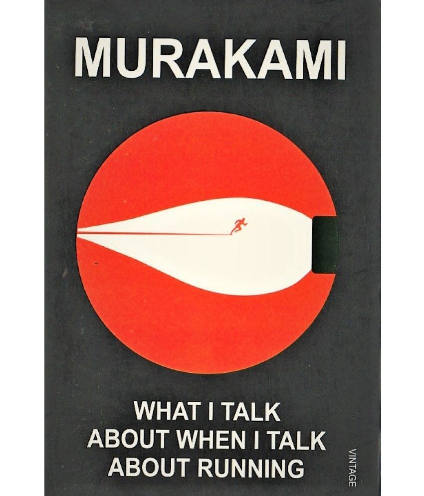 capa do livro do Murakami com fundo preto e um círculo vermelho e o desenho de uma pena de ponta de caneta no meio, onde o ponteiro tem a forma de um corredor