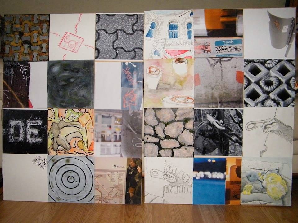 A photo of two A1-sized boards. Each divided in 12 squares showing a variety of images; photo textures of street infrastructure, sketch drawings of rubbish found on the street, photo of grafitti writing. Mostly using white, grey and yellow colours.