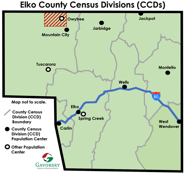 Map of the eight County Census Divisions or CCDs in Elko County.