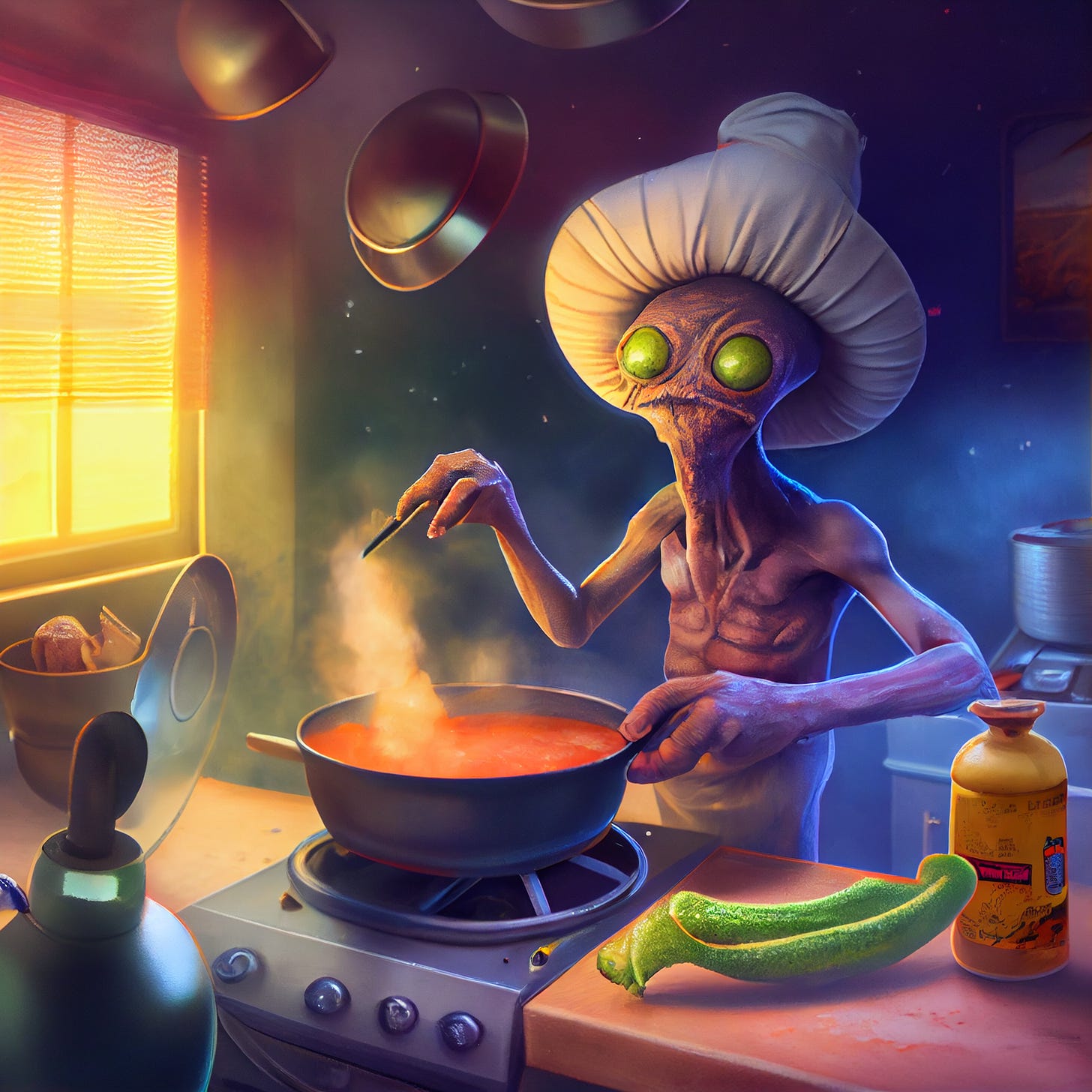 A goggle-eyed alien in a chef's hat prepares a large pot of mysterious steaming red soup, while pots and pans hover in mid-air over his head.
