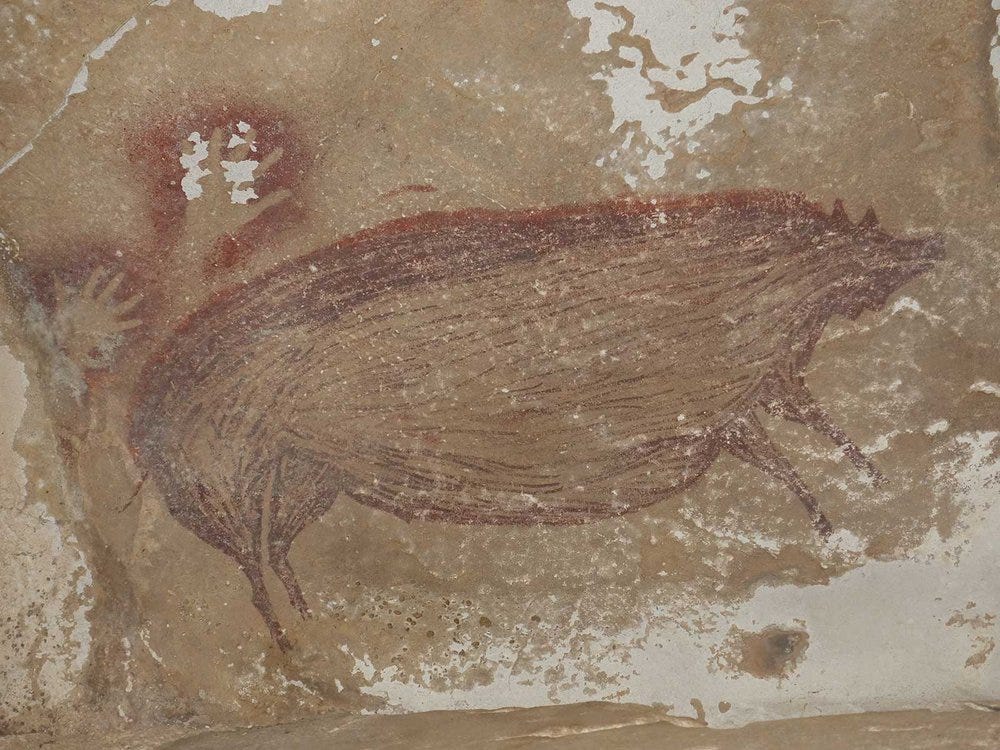 Imagem de uma arte pré-histórica na parede de uma caverna que representa um porco pintado com pigmento vermelho.