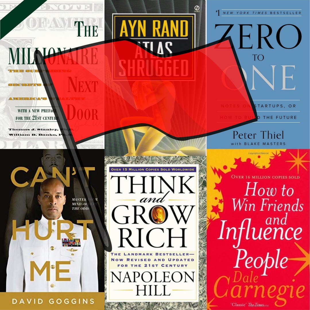 A red flag over the front covers of six books (from left to right): The Millionaire Next Door, Atlas Shrugged, Zero to One, Can't Hurt Me, Think and Grow Rich, and How to Win Friends and Influence People.
